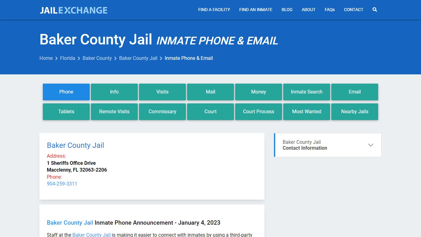 Inmate Phone - Baker County Jail, FL - Jail Exchange